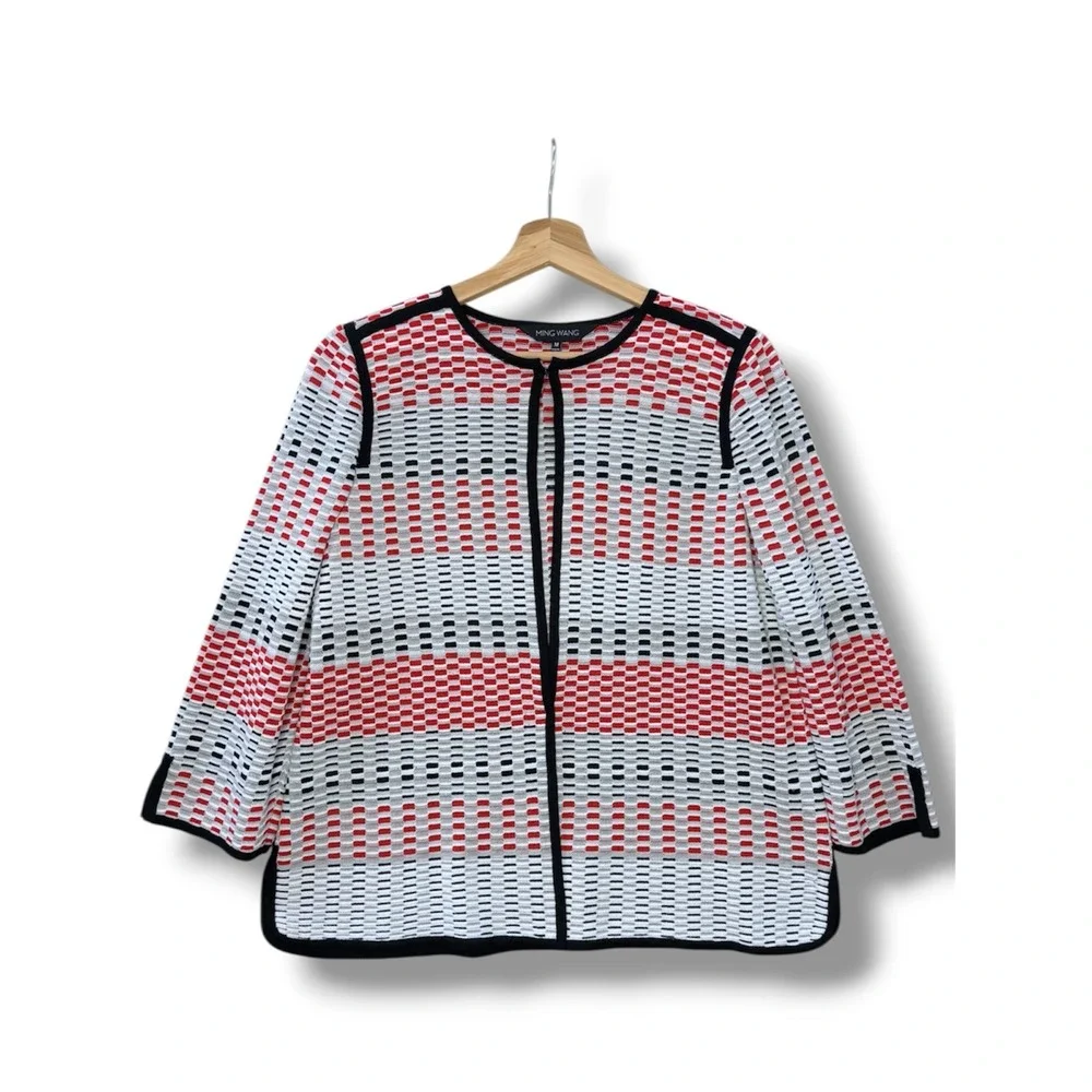 Ming Wang Red Black White Geometric Knit Open Front Jacket Cardigan Women's‎ M